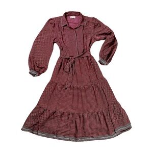 Max Studio Boho Tiered Midi Dress Open Collar Beige Size M Cottagecore